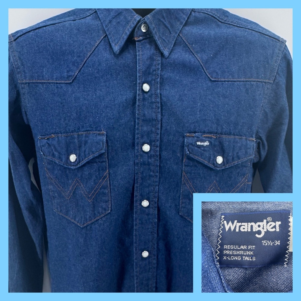 Wrangler Denim Shirt Mens 15.5 Blue Western Pearl Snap X-Long Tails USA Made